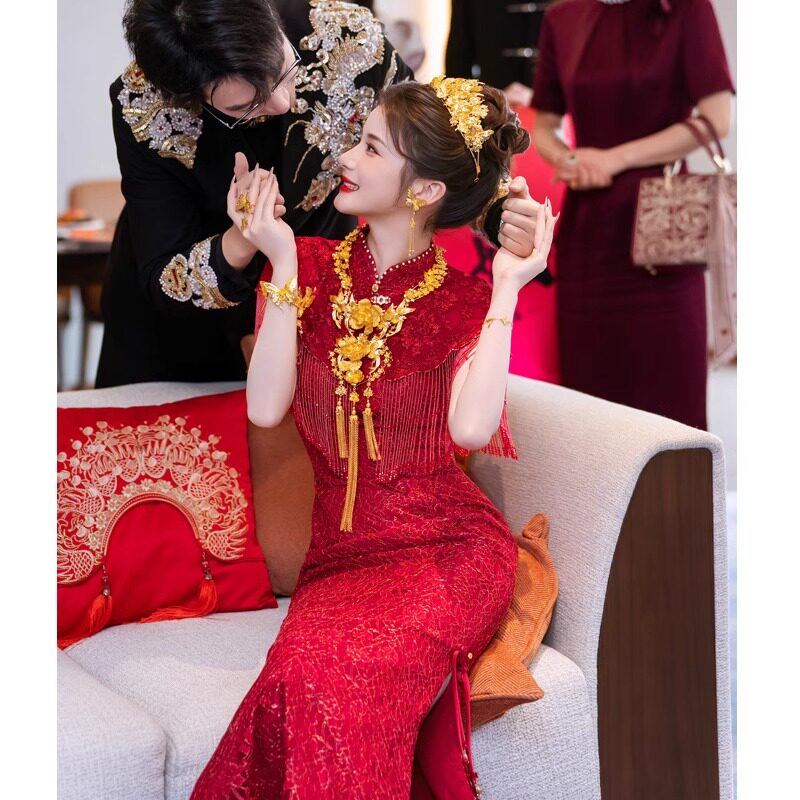 旗袍敬酒服,你选对了吗?2025新款高级感新娘订婚礼服,酒红色中式婚服嫁衣大揭秘!🌹👰♀️-旗袍-淘宝好物网