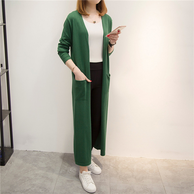 Mùa xuân và dài lỏng lẻo áo len mỏng đan áo len cổ chữ V màu rắn túi áo dài kích thước lớn áo len mỏng