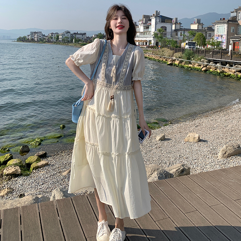 Beige Patchwork Faux Two-Piece Vest Dress for Women, Summer 2026 New Style, Preppy Fresh Style, Tummy-Covering Tea Break Dress Beige Patchwork Faux Two-Piece Vest Dress for Women, Summer 2026 New Style, Preppy Fresh Style, Tummy-Covering Tea Break Dress