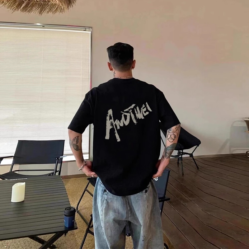 European and American Style Cool and High-End English Short-Sleeve T-Shirt for Men, Heavyweight Pure Cotton Casual Trendy Brand Couple's Top, Half-Sleeve Summer