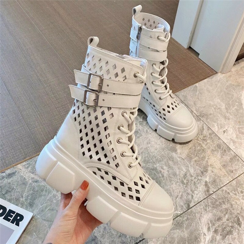 Zhao Li Ying Tongan Martin Boot Female Summer thin Breathable Genuine Leather Thick Bottom Summer Hollowed-out Cool Boots Strap Buttoned Mesh Boots