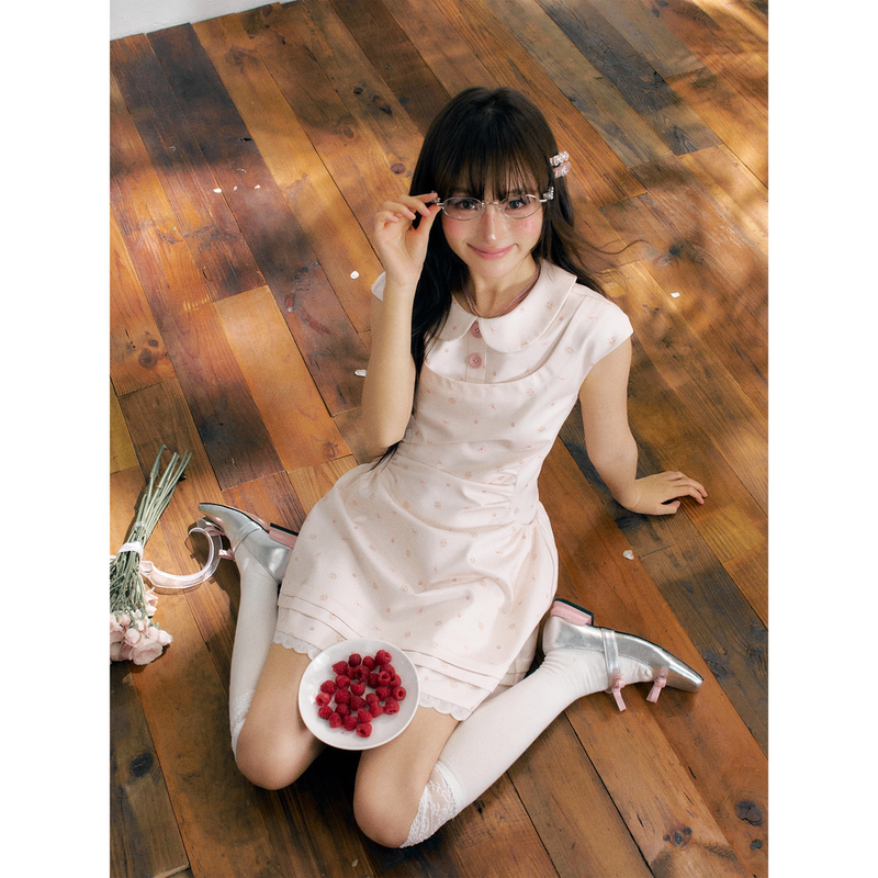 Ruan Ruan LAOSHU White Tea Sweet Dreams Pink Girly Print Dress Petite Waist-Cinching Slim-Fit Short Skirt Summer