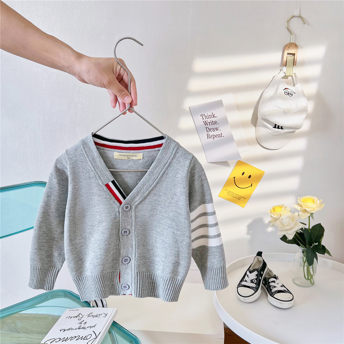 2022 autumn new boy baby children cotton sweater striped V-neck sweater knitted cardigan coat girl