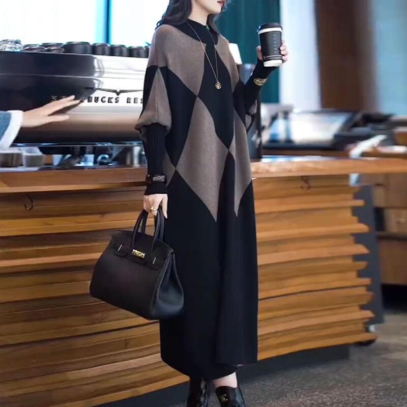 Autumn and Winter New Style Wool High-End Diamond Pattern Loose Large Size Sweater Dress Women's Mid-Length Over-The-Knee Knitted Dress