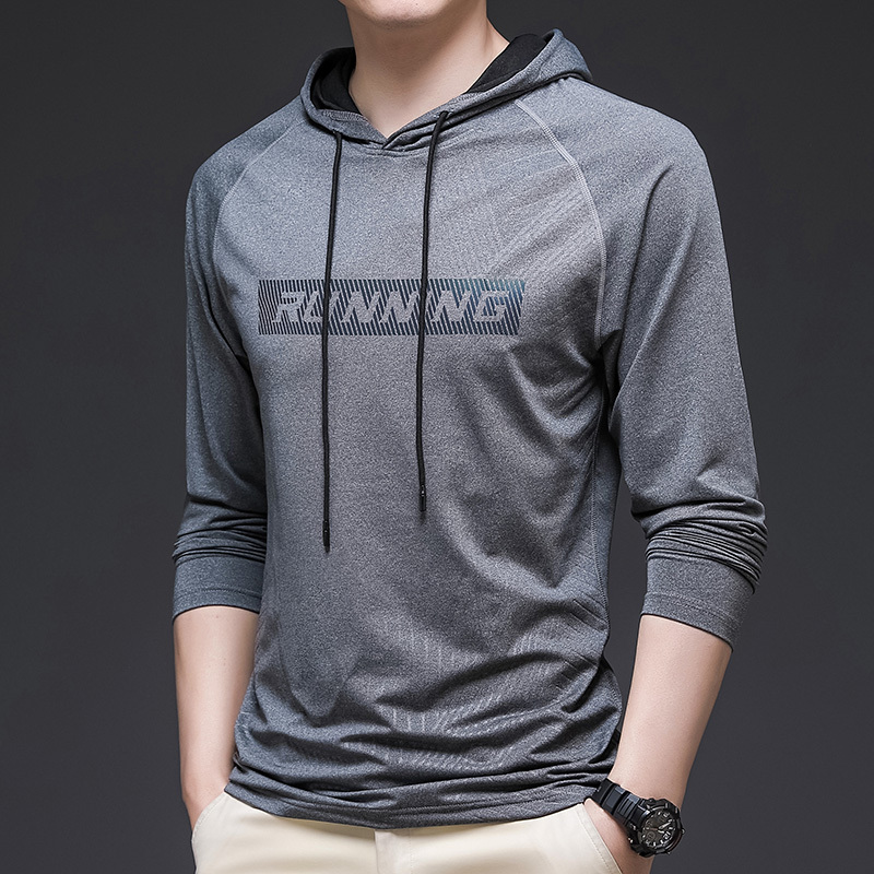 Hooded Sweatshirt for Men, Spring and Autumn Outdoor Korean Style Trendy Versatile Long-Sleeve T-Shirt for Running, Fitness, and Sports Base Layer