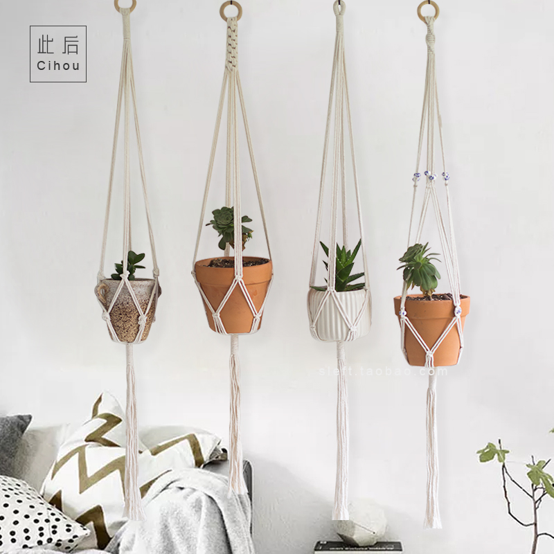 Nordic handmade cotton thread woven mesh pocket hanging basket wall hanging wall decoration decorative flower pot flower basket pastoral hanging wall hanging basin hanging basin