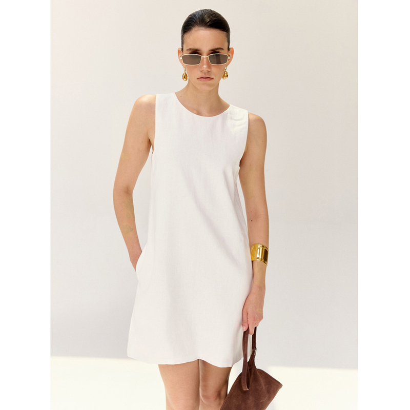 Btrs M丨Comfortable and Breathable Linen Simple Summer Relaxed Aesthetic Round Neck White Sleeveless Tank Dress