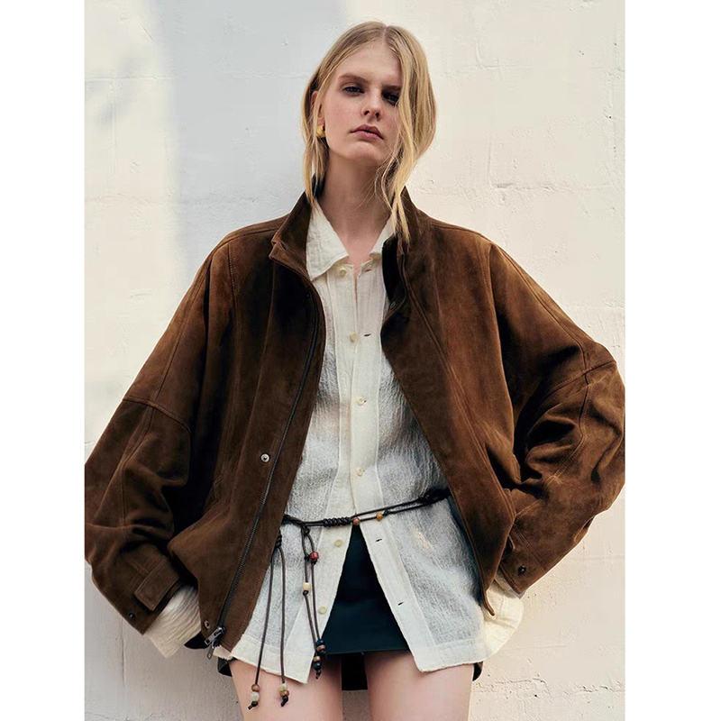Btrs M丨Saudi Arabia Imported Suede Suede High-End Loose-Fitting Stand-Up Collar Jacket for Women 2026 New Style