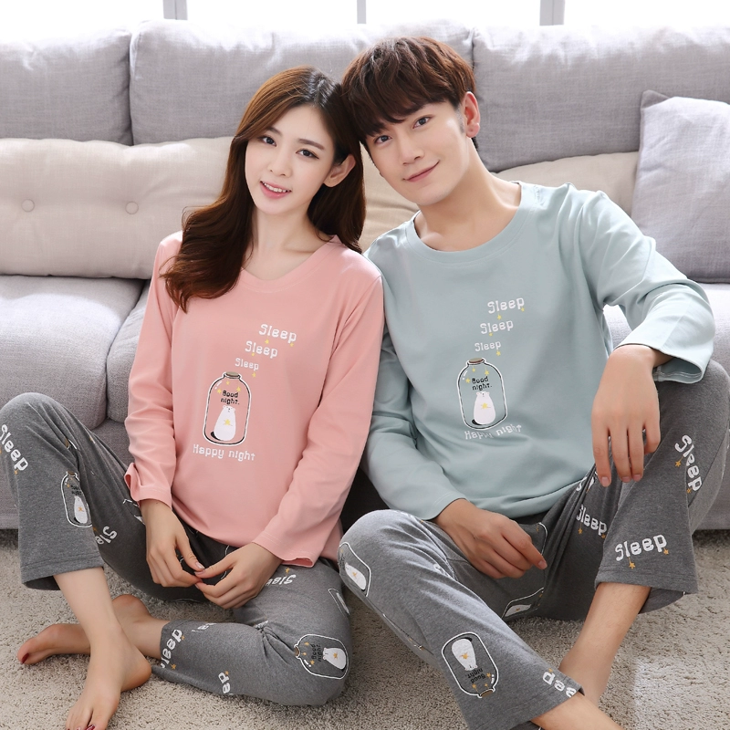 Mùa xuân và mùa thu Hàn Quốc của bộ đồ ngủ đôi cotton dễ thương cho nữ mùa thu mặc áo dài tay nam phục vụ gia đình phù hợp với mùa thu đông bộ cotton đẹp mặc nhà