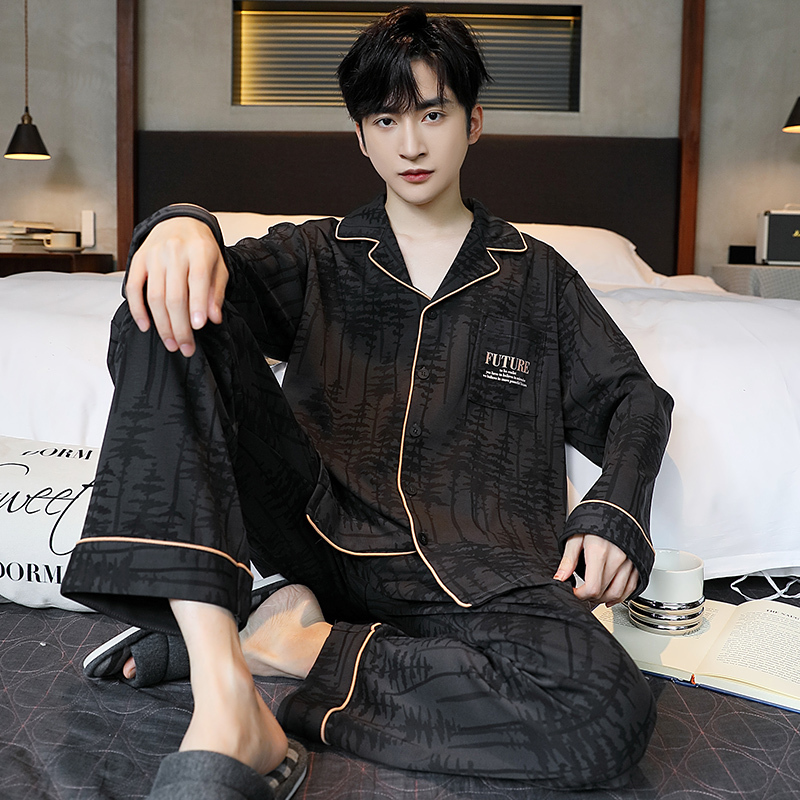 Men's Thin Pajamas for Spring and Autumn, Large Size, Loose Casual Long-Sleeved Suit, Cardigan, Can Be Worn Outside, Summer and Winter Style Home Wear