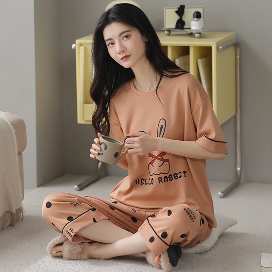 睡衣女士夏季纯棉薄款短袖七分裤宽松学生套装春秋天家居服可外穿