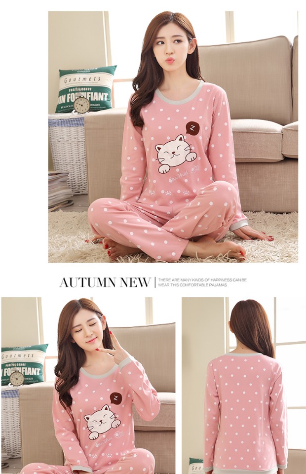 Bộ đồ ngủ nữ mùa thu và mùa đông cotton dài tay mùa xuân và mùa thu có thể mặc mùa xuân Hàn Quốc cho nữ kích thước lớn đồ lửng mặc nhà