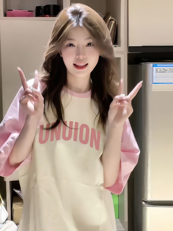 Summer Wear Pink Raglan Short-Sleeved T-Shirt for Girls, Junior High School, High School, and College Students, Loose Pure Cotton Half-Sleeve Top