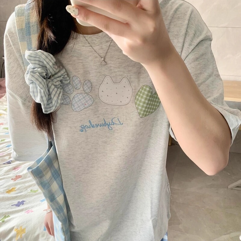 Summer Pure Cotton Short-Sleeved T-Shirt for Girls, 2026 New Popular Style, American-Style Loose Half-Sleeve Top for Middle and High School Students