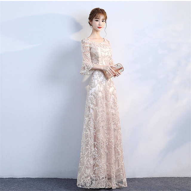 Banquet evening dress 2022 new spring and summer noble and elegant champagne color long sleeves annual meeting host bridesmaid dress