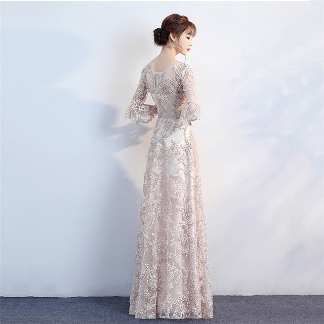 Banquet evening dress 2022 new spring and summer noble and elegant champagne color long sleeves annual meeting host bridesmaid dress