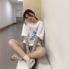 Real shot surf girl print retro Korean loose short sleeve T-shirt