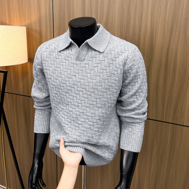 Heavyweight Men's Thick Seagull Collar Knitted Sweater with Cable Pattern, Warm and Thickened, Wool Blend Base Layer for Winter