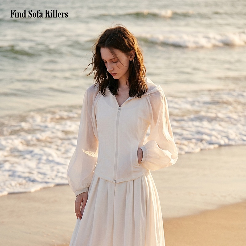 Uhno Foam Summer French Puff Sleeve Sun Protection Clothing Niche Original Design Hooded Cardigan Waist Slimming Jacket