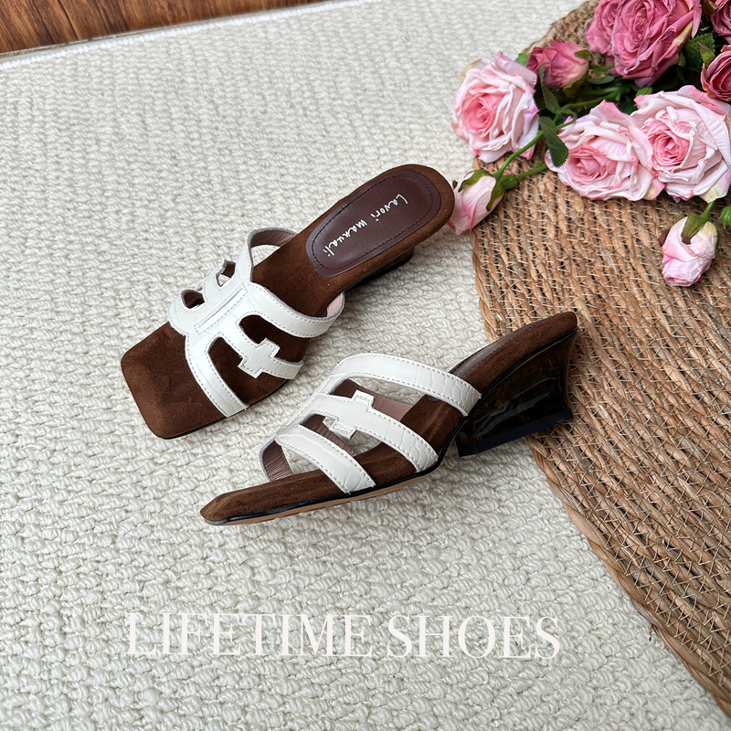 Lifetimeshoes 4cm Minimalist Old Money Style Versatile Elegant Amber Heel Suede Vacation Style New Slippers