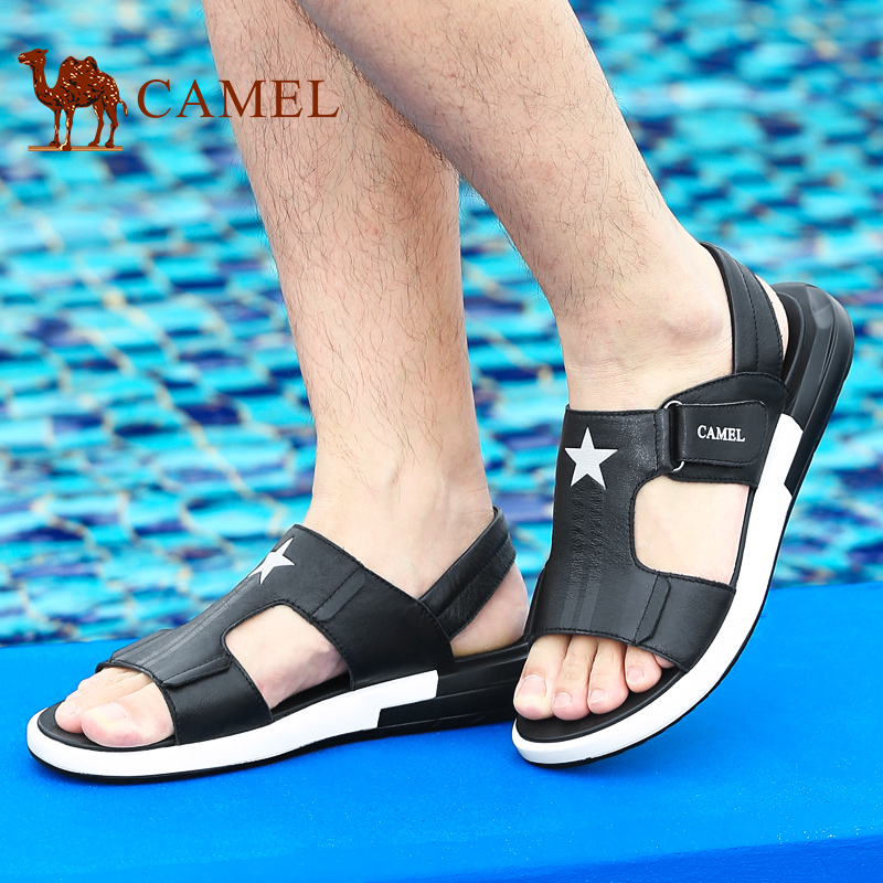 Camel/骆驼凉鞋男2017夏季新款牛皮露趾沙滩鞋真皮休闲男士凉拖鞋
