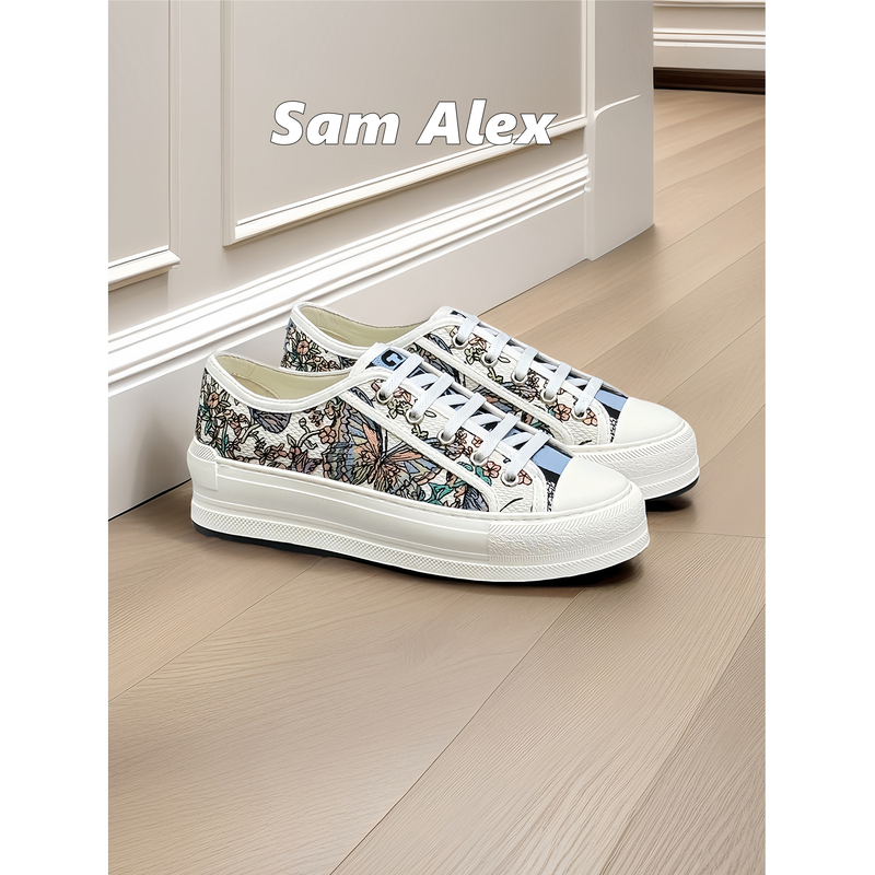 Sam Alex Small Women's Shoes Increase 5cm Taller! 25 New Butterfly Embroidered Thick-Soled Canvas Shoes for Women, Versatile