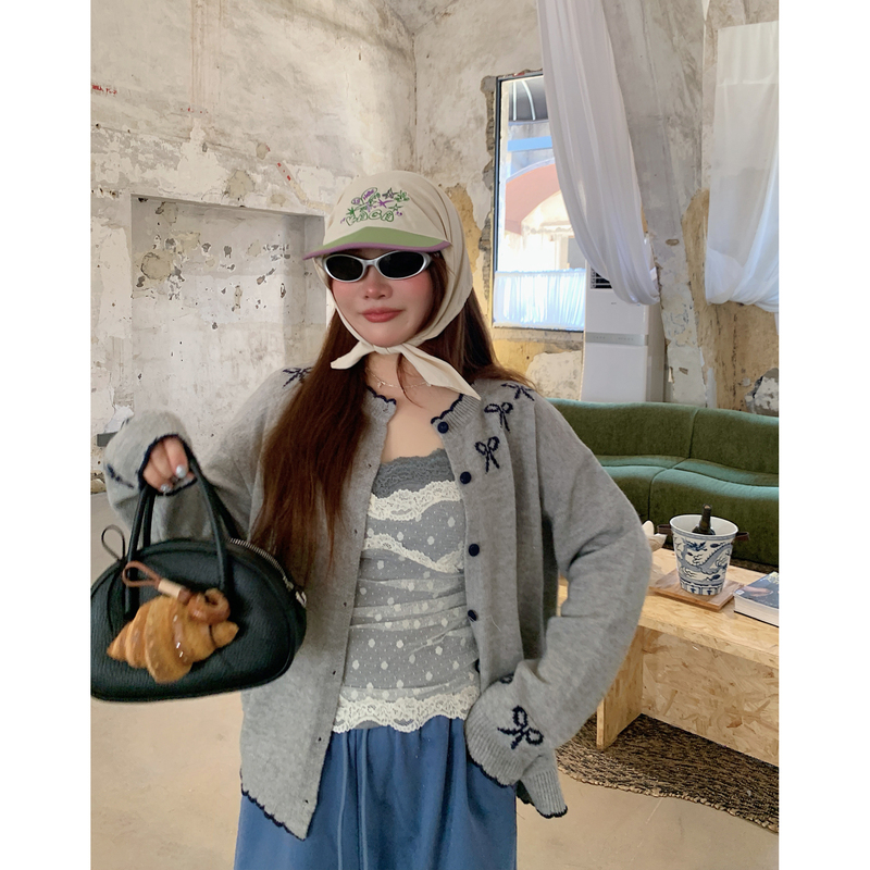 Dazi Gold Large Bow Sweater Women's Cardigan 2026 New Autumn and Winter Plus Size Women's Knitwear Jacket