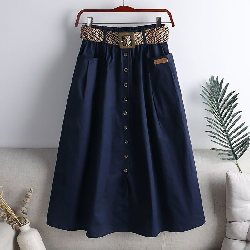 Pure Cotton 2026 Spring/Summer New Korean Style Elastic High-Waisted Skirt with Large Pockets, Slit, Slimming, Mid-Length A-Line Skirt