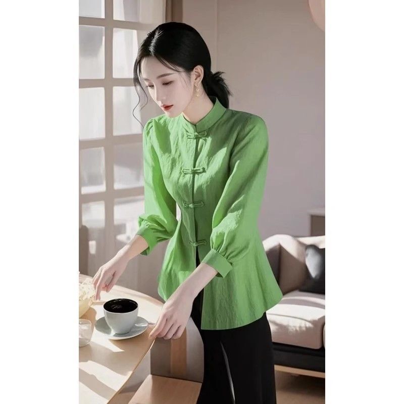 New Chinese-Style High-End Green Design Long-Sleeved Shirt for Women, New Spring and Autumn Style, Waist-Cinching, Slimming, Versatile and Elegant Shirt New Chinese-Style High-End Green Design Long-Sleeved Shirt for Women, New Spring and Autumn Style, Waist-Cinching, Slimming, Versatile and Elegant Shirt