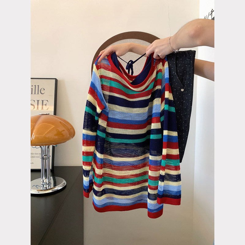 Colorful Striped Hollow-Out Knit Sweater for Women, Long-Sleeve Round-Neck Sun Protection Shirt, Stylish and Youthful High-End Knit Top