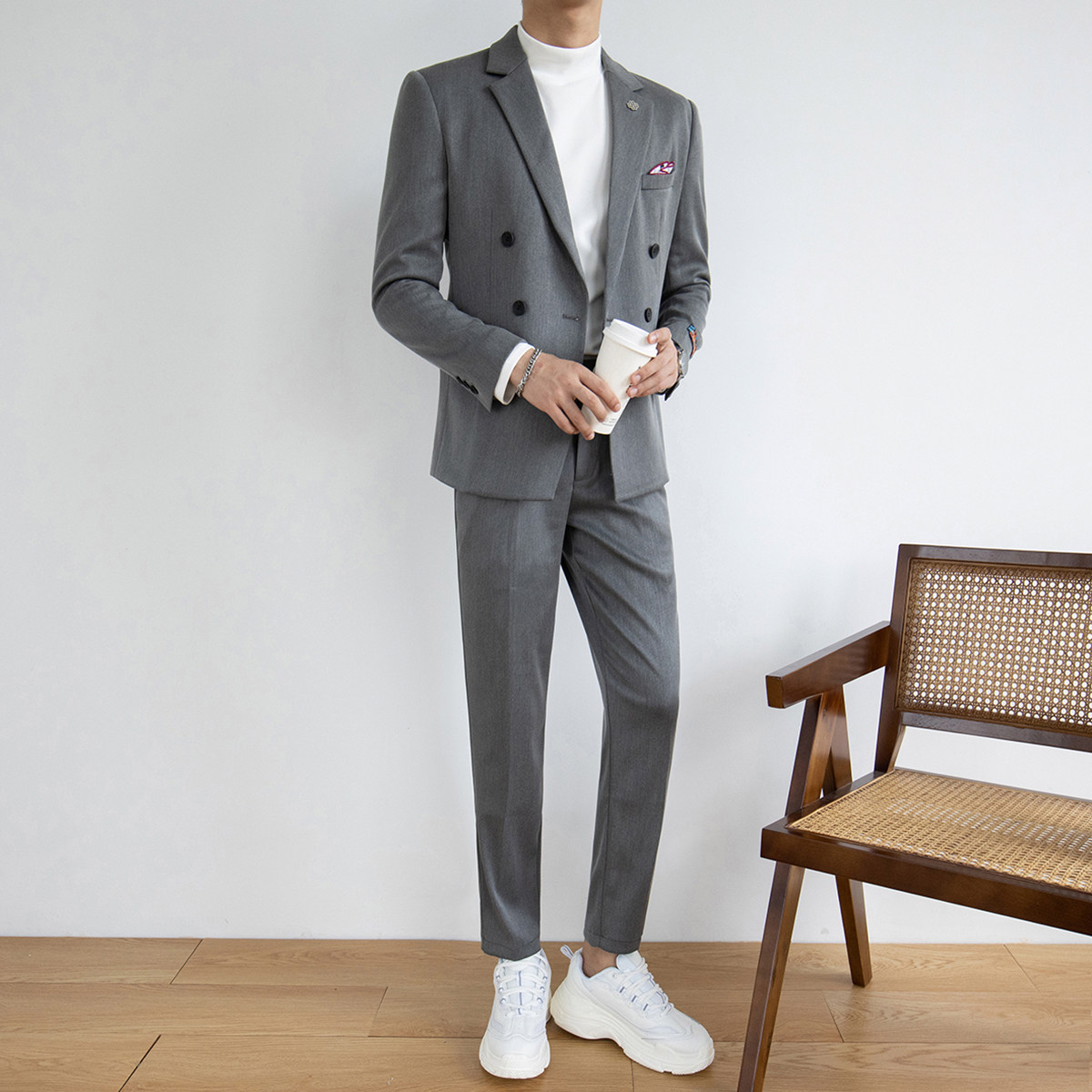 Suit male suit Korean version slim double breasted male small suit casual business formal dress light mature style wedding dress