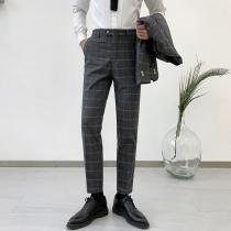 Casual plaid trousers mens Korean version of self-cultivation British trend Joker small feet casual pants business dress trousers