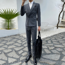 Casual striped suit mens suit Korean slim trend double-breasted suit male groom wedding dress two sets