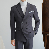 Casual double-breasted suit men Korean version of slim trend Joker British business formal suit small suit men casual suit