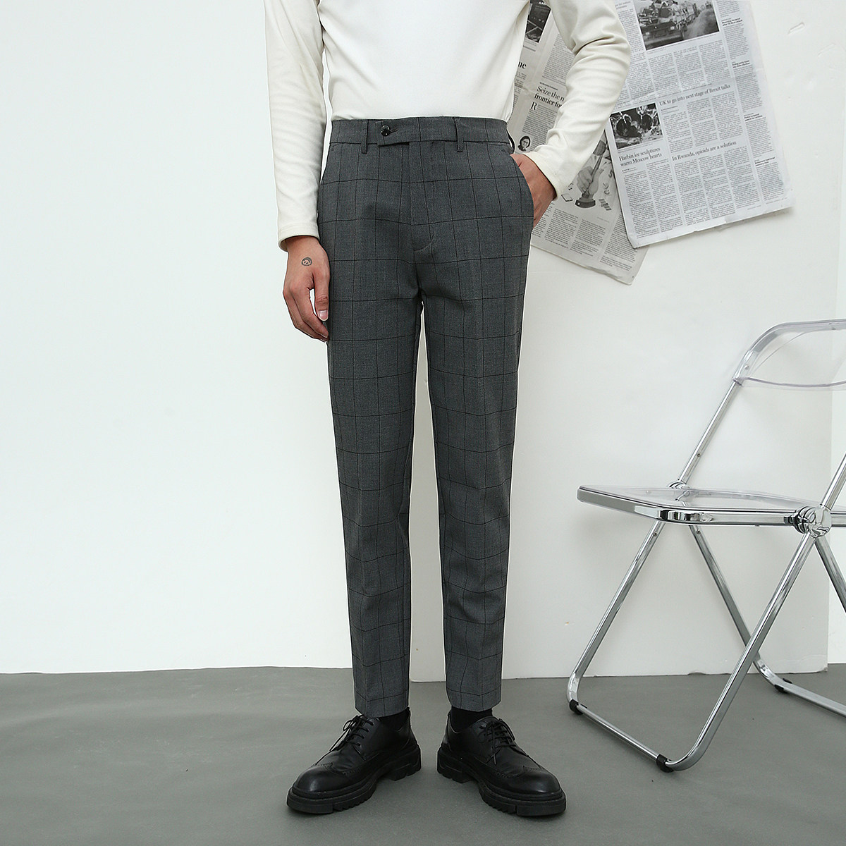 Fall plaid Western pants male Korean version of the body small footed casual pants positive dress Business Inron 100 hitch men's western dress pants