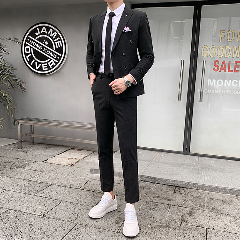Double-breasted suit suit Men's Korean version slim trend casual business dress Small suit Groom wedding dress