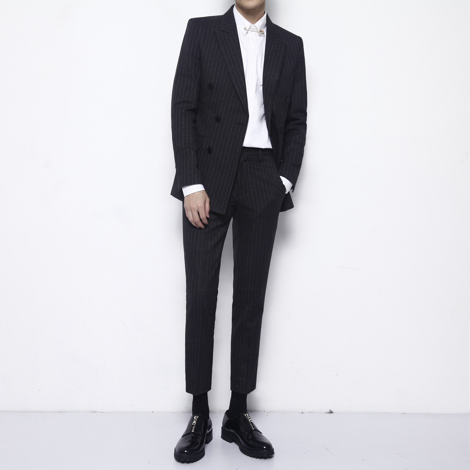 South Korea Dongdaemun British slim double-breasted suit men's striped suit business men's suit suit two-piece