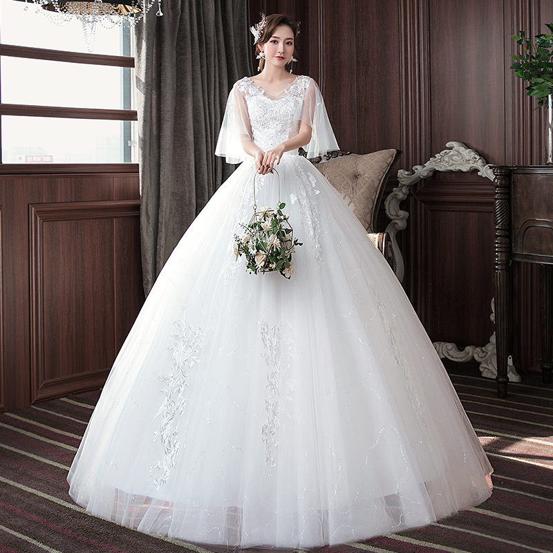 Light wedding dress 2020 new bride a word shoulder high waist pregnant women cover the arm small simple thin