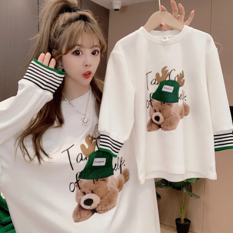 Fried Street Mother Daughter's Loose Pure Cotton T-shirt Boy Cartoon Printed Blouse Foreign Pie 2022 spring new