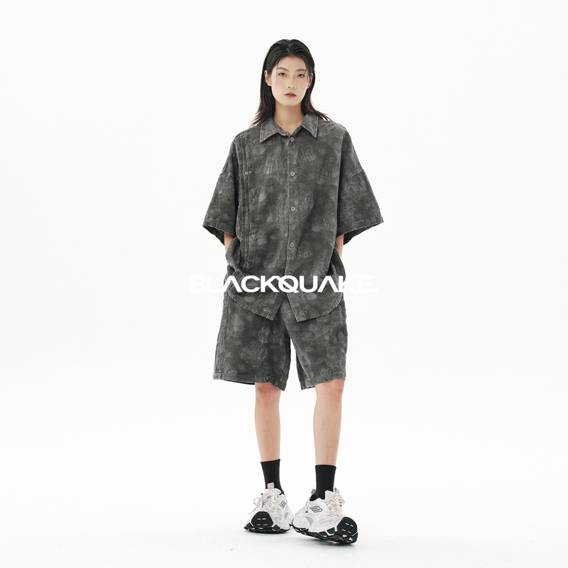 Black Earthquake [Flower of Evil Vol.2] Linen Blend Mud-Dyed Enzyme-Washed Short-Sleeved Shirt and Shorts Set