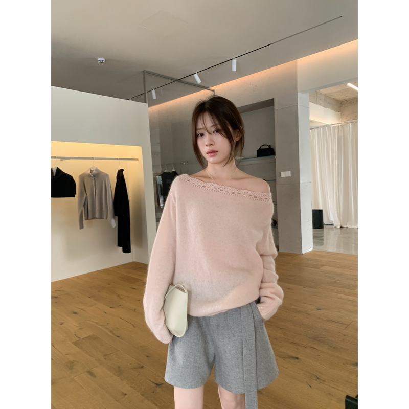 Imiss-Winter New Collection Korean Standard Exquisite Hollow-Out Gentle Loose Handmade Crochet Off-Shoulder Two-Way Long-Sleeve Sweater for Women