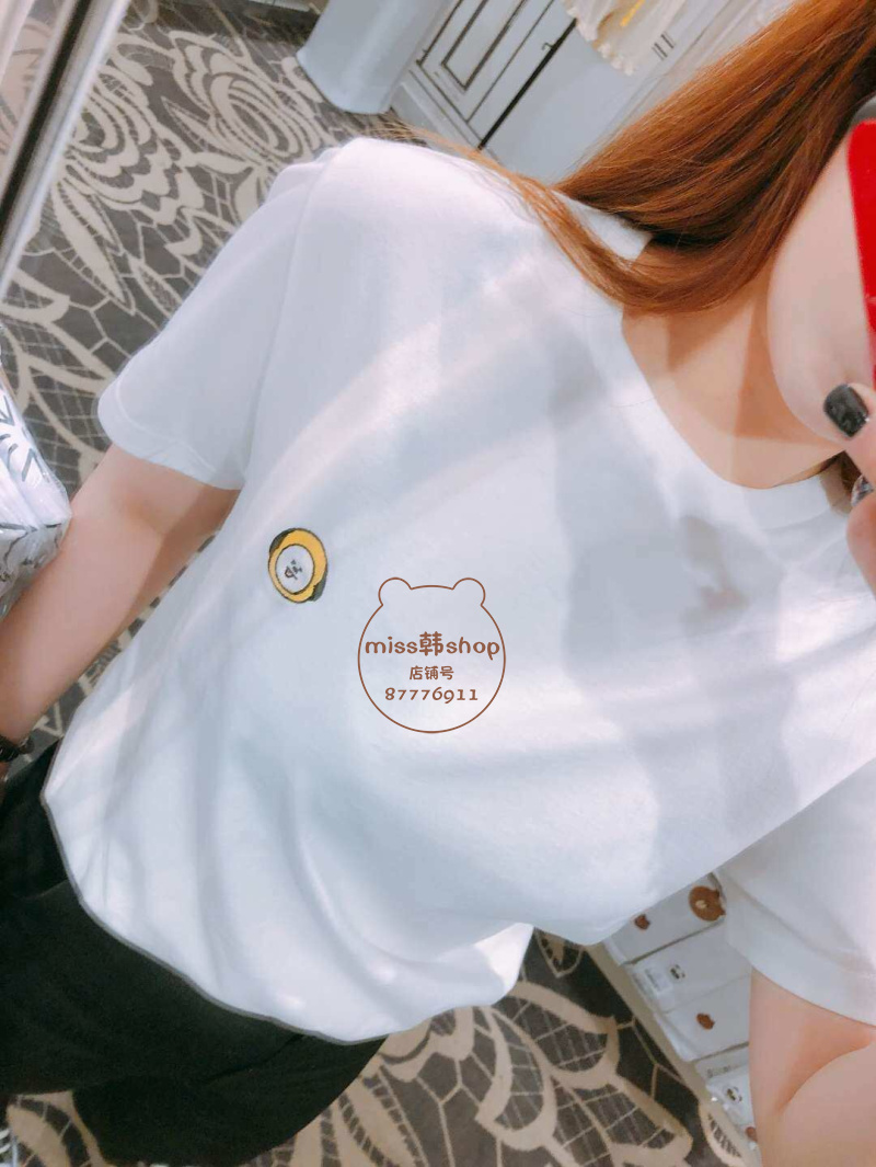 Hàn Quốc mua BTS chống đạn nhóm thanh niên BT21 nam giới và phụ nữ vài mô hình thêu trắng ngắn tay T-Shirt hai mảnh mùa hè áo phông có cổ nữ