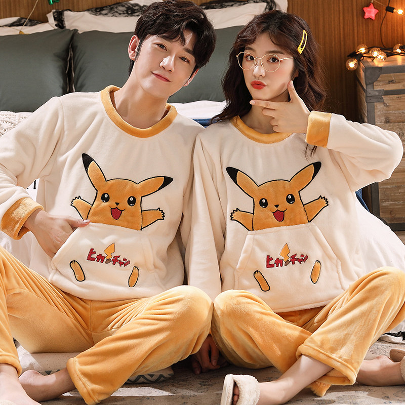 Couple pajamas autumn and winter coral fleece cartoon spring and autumn thickening sweet and cute men and women long-sleeved winter home clothes suit