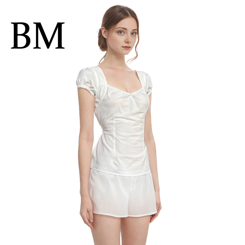 Bm Spring/Summer New Arrival Pure Desire Style White Uv Collar Lace French Puff Sleeve Short Waist-Tie Top Blouse