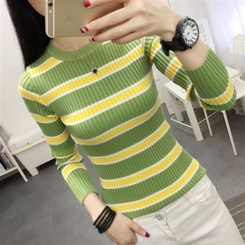 2025 Spring and Autumn New Long-Sleeve Color-Block Striped Versatile Round Neck Knitted Sweater Trendy Slim Fit Base Shirt for Women 2025 Spring and Autumn New Long-Sleeve Color-Block Striped Versatile Round Neck Knitted Sweater Trendy Slim Fit Base Shirt for Women