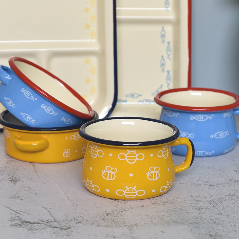 Children's Enamel Tableware Enamel Mouth Cup Bowl and Dish Steak Dining Plate Household Dish Flat Plate Bowl Rice Bowl