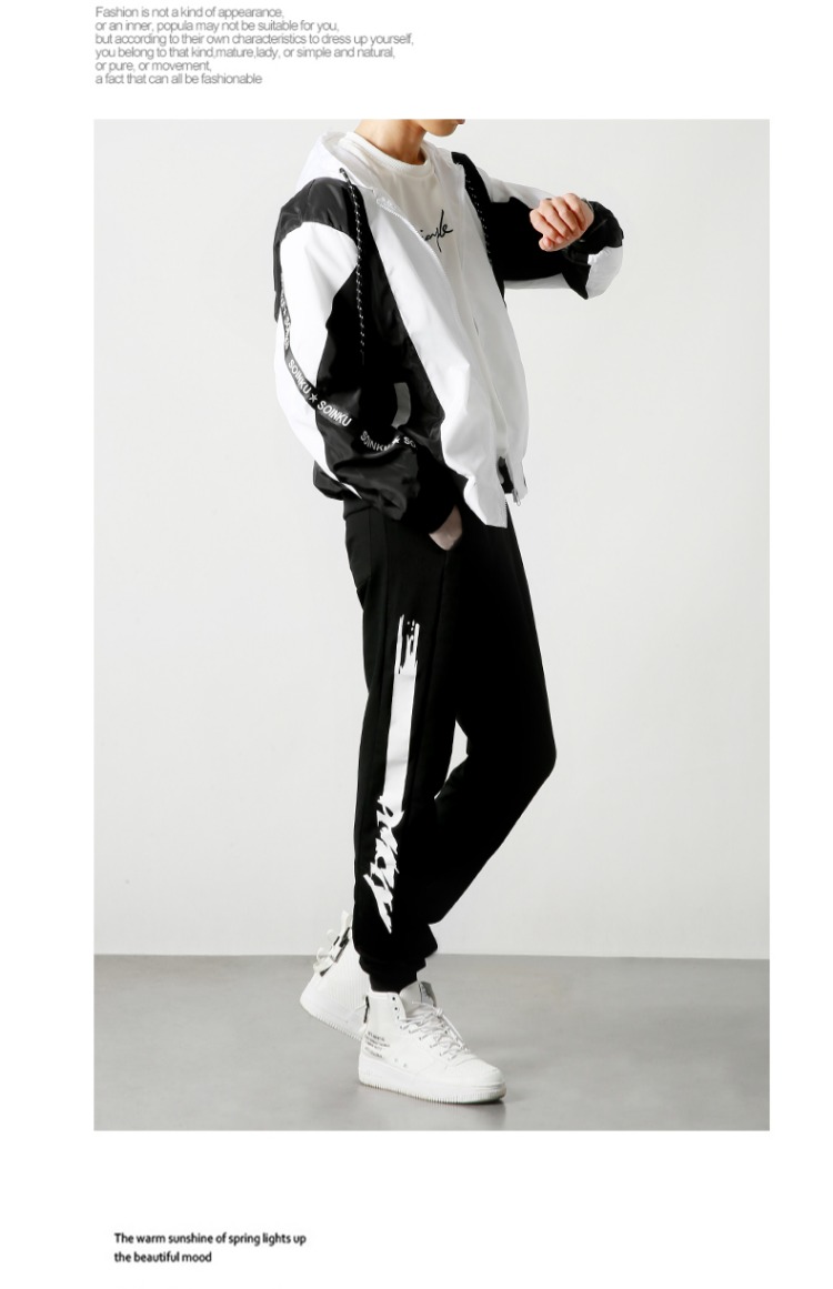 Quần áo nam giản dị phù hợp với nam 2018 mới in siêu lửa áo khoác sinh viên nước hip hop thể thao ba mảnh đồ bộ kiểu