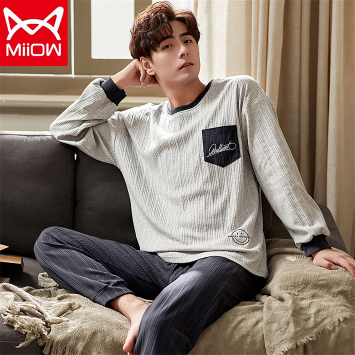 Catman men's pajamas pure cotton long-sleeved spring and autumn styles can be worn outside youth autumn and winter cotton thin section home service suit