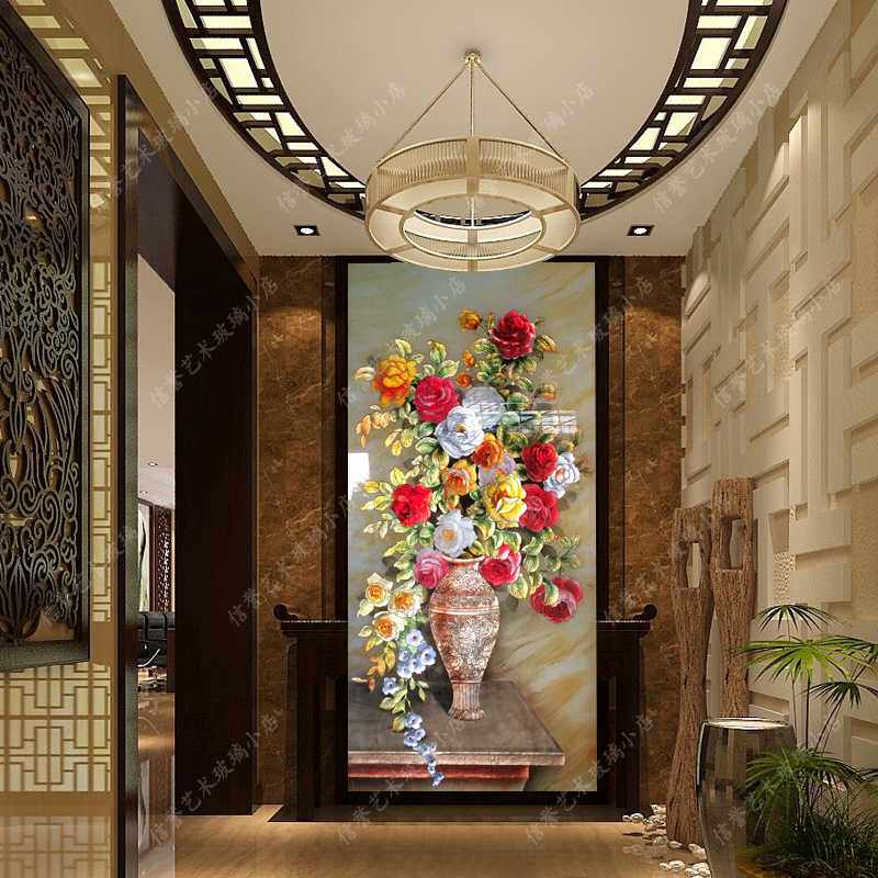 Art glass porch background wall carved flower frosted custom craft antique vase living room light-transmitting partition screen
