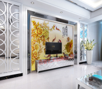 Customized tempered art glass background wall partition color carving gold foil craft three-dimensional living room TV Wall blossom rich